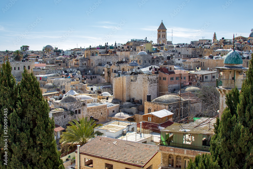 Jerusalem panoramic roof view to christians, jewish and muslims sacred places.