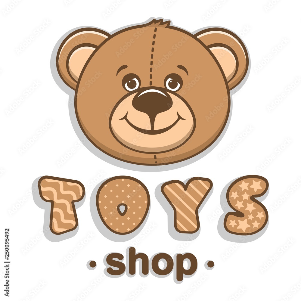 Toys shop logo. Brown teddy bear head and funny letters with stars and waves. Cute cartoon character on a white background. Flat style. Vector illustration. Stock Vector | Adobe Stock Toys shop logo. Brown teddy bear head and funny letters with stars and waves. Cute cartoon character on a white background. Flat style. Vector illustration. Stock Vector | Adobe Stock