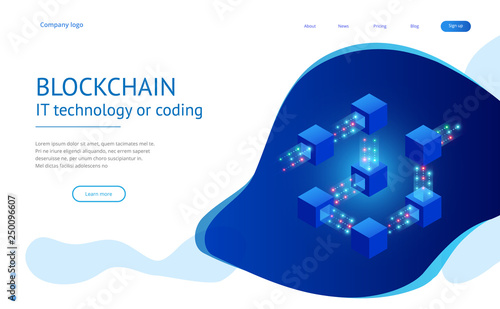 Isometric concept of quantum computers, blockchain, IT technology or coding. Information blocks in cyberspace. Decentralized network. Vector illustration