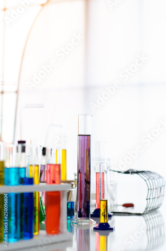 three erlenmeyer flask , Glassware on science laboratory research and development