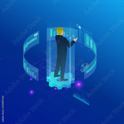Wallpaper Mural Man interacting with graphs and papers. Workflow and business management  3D vector isometric illustration Torontodigital.ca