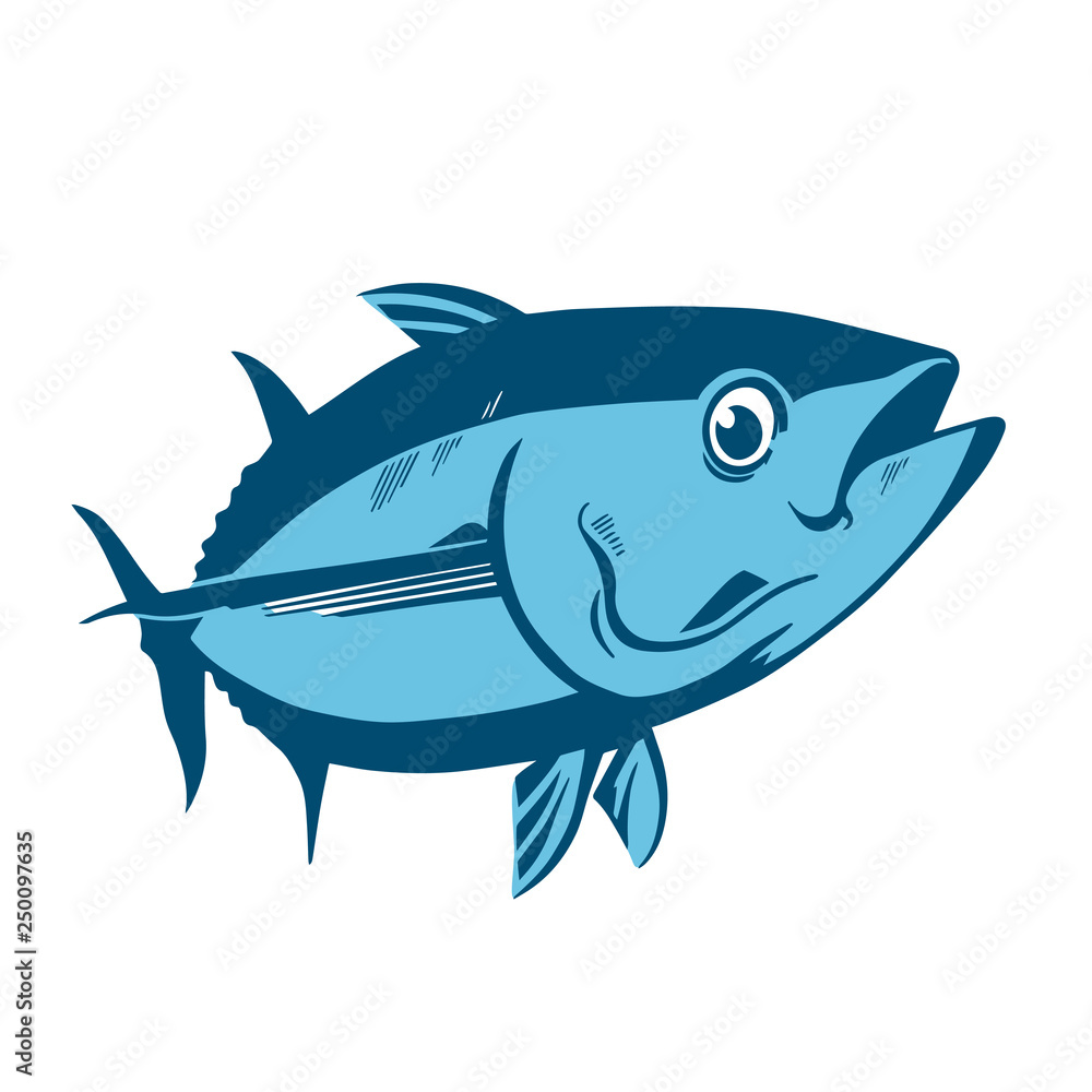 Obraz premium Tuna fish symbol on white background,Vector. Sport fishing club, restaurant, canned, food logo