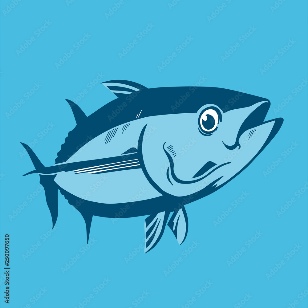 Obraz premium Tuna fish symbol on blue background,Vector. Sport fishing club, restaurant, canned, food logo