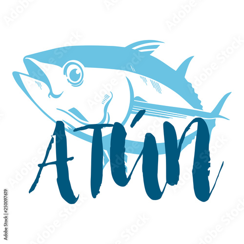 Fish symbol on white background, Vector. Sport fishing club, restaurant, canned, food... logo. Tuna written in spanish. 