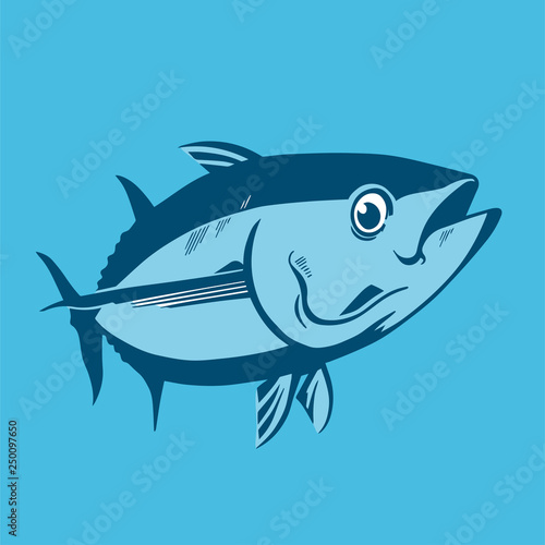 Tuna fish symbol on blue background,Vector. Sport fishing club, restaurant, canned, food logo