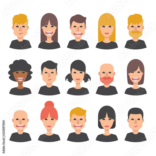 Set of 15 diverse avatars. Different nationalities and hair styles. Isolated faces. 