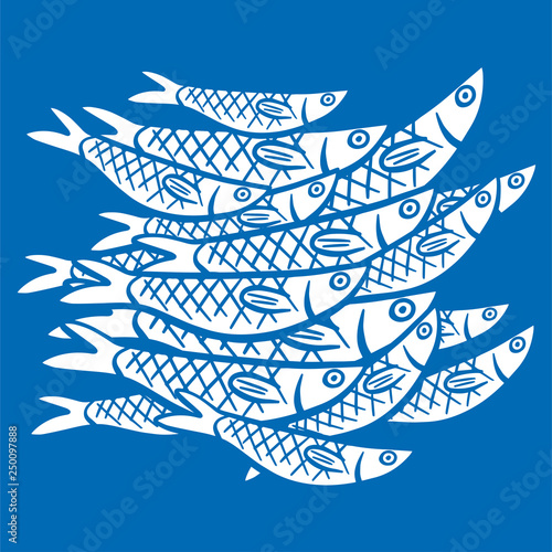 Hand Drawn Illustration a shoals of fish in the water. Sardine (sardina pilchardus)