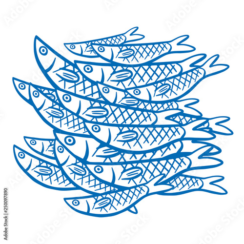 Hand Drawn Illustration a shoals of fish in the water. Sardine (sardina pilchardus)