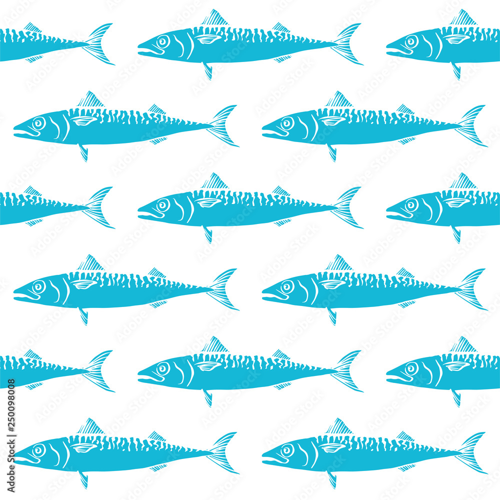 Obraz premium Vector pattern with hand drawn mackerels. Advertising, menu or packaging cool design elements.