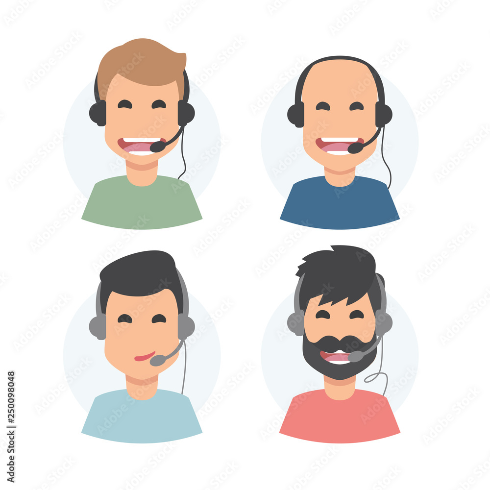 4 Call center operator with headset. Male avatar set. Client services and communication, customer support, phone assistance, information, solutions. Vector 4 Call center operator with headset. Male avatar set. Client services and communication, customer support, phone assistance, information, solutions. Vector