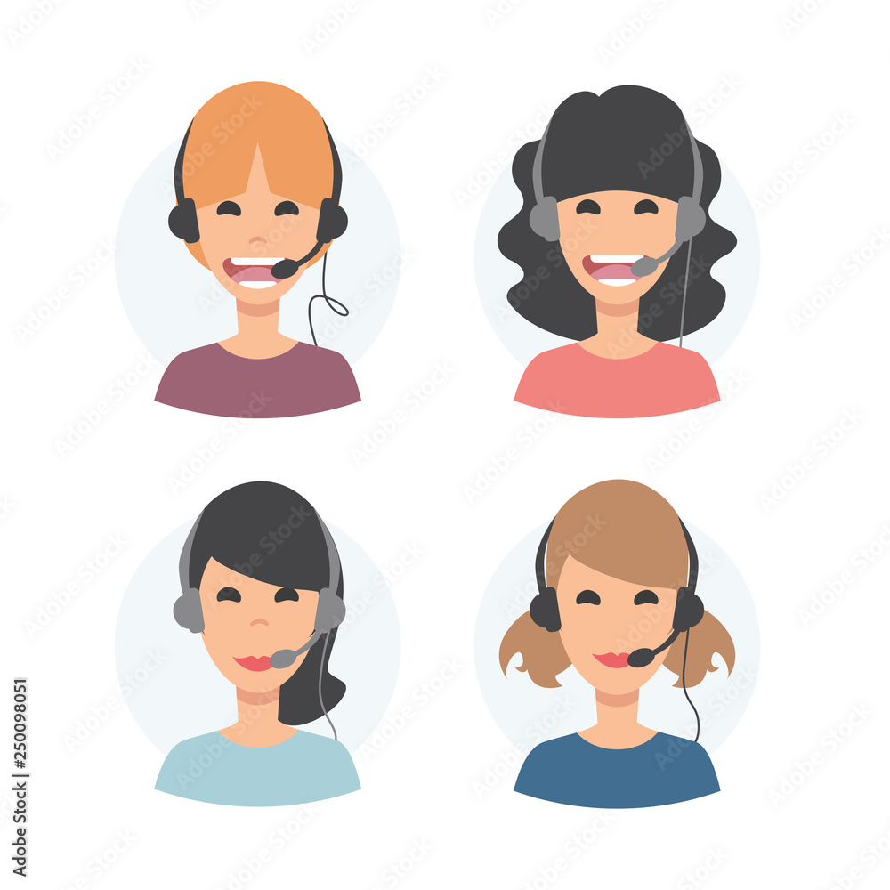 4 Call center operator with headset. Female avatar set. Client services and communication, customer support, phone assistance, information, solutions. Vector 4 Call center operator with headset. Female avatar set. Client services and communication, customer support, phone assistance, information, solutions. Vector