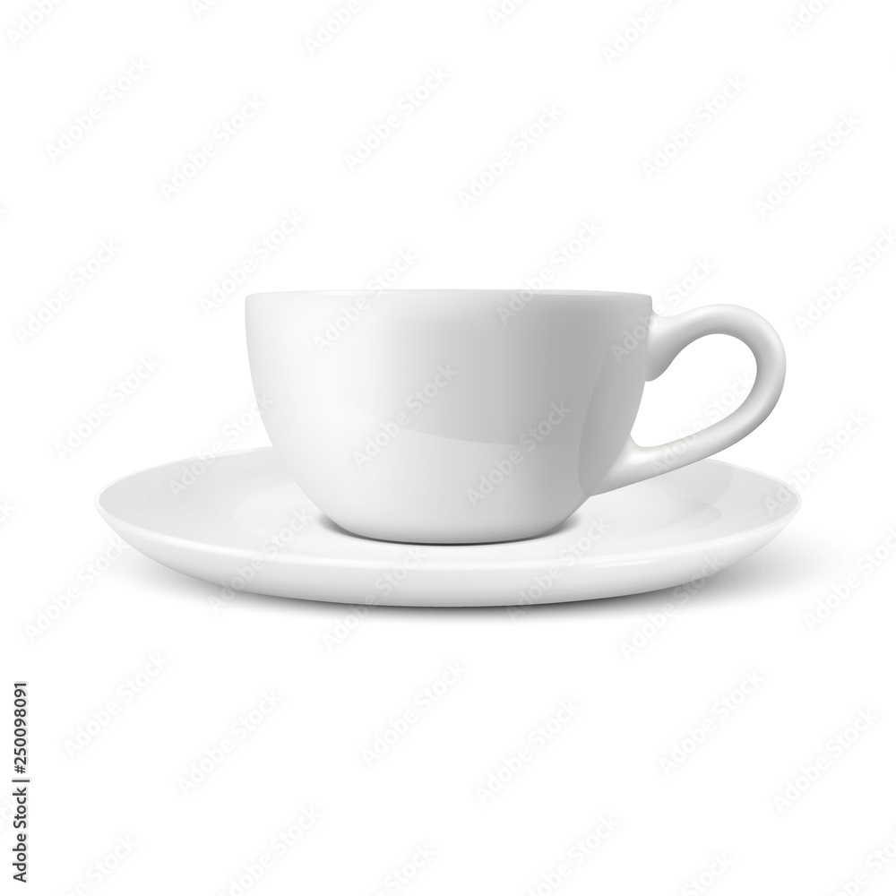 Realistic Vector 3d Glossy Blank White Coffee Tea Cup, Mug Icon Closeup Isolated on White Background. Design Template of Porcelain Cup or Mug and Saucer Plate for Branding, Mockup. Front view Realistic Vector 3d Glossy Blank White Coffee Tea Cup, Mug Icon Closeup Isolated on White Background. Design Template of Porcelain Cup or Mug and Saucer Plate for Branding, Mockup. Front view