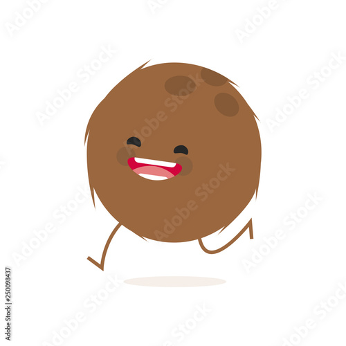 coconut (Cocos nucifera) with cute face. Illustration funny and healthy food cartoon. White background
