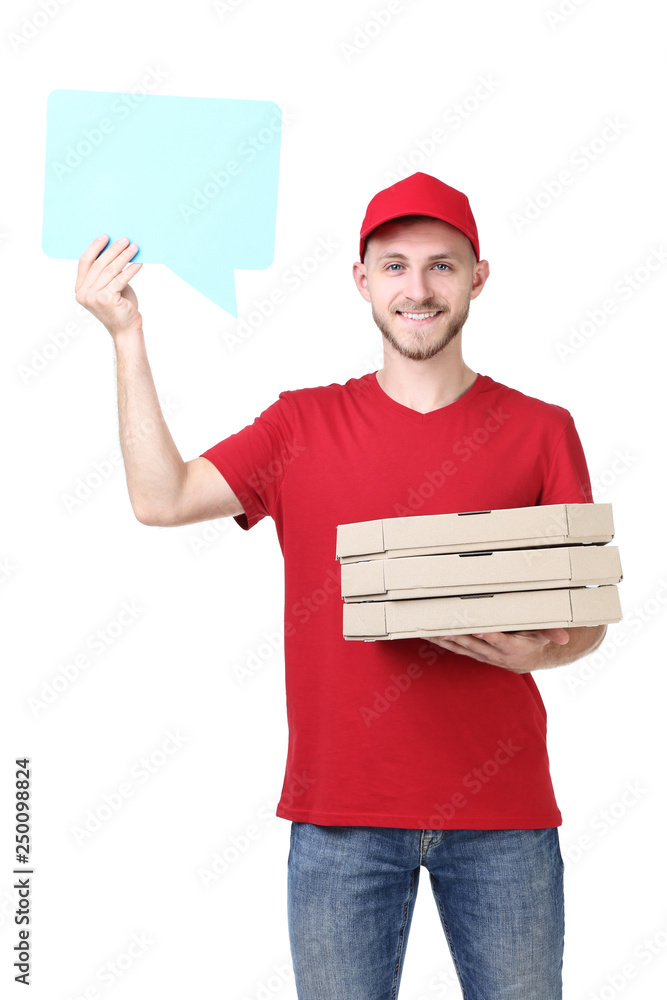 Delivery man with pizza and speech bubble on white background Delivery man with pizza and speech bubble on white background