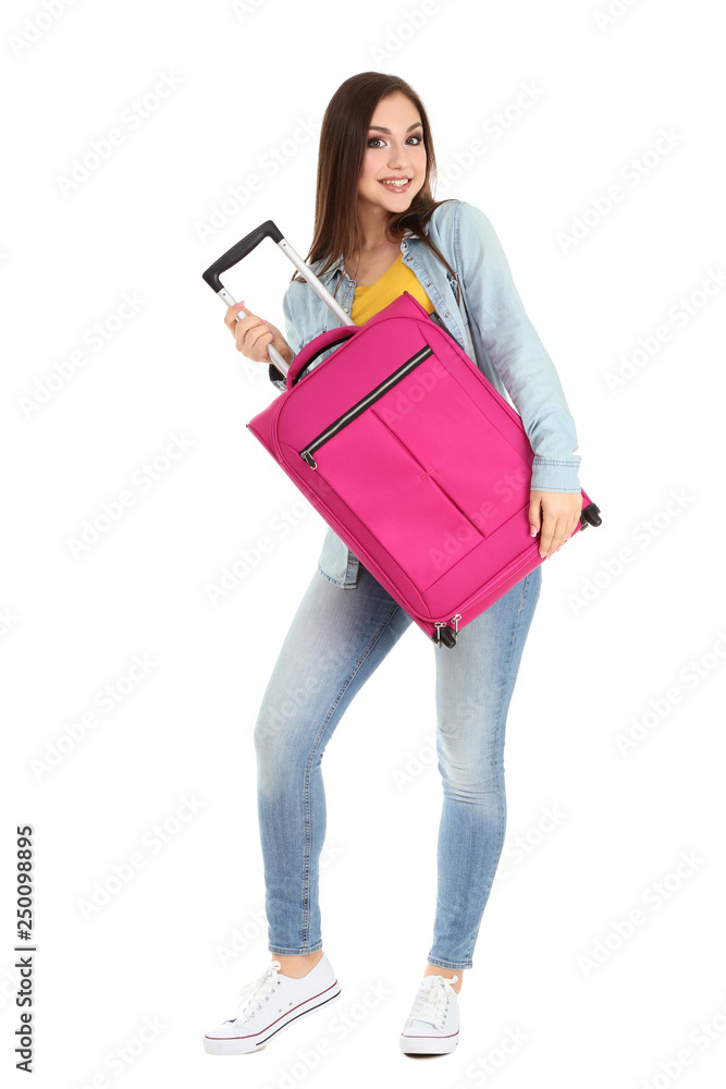 Young girl with suitcase isolated on white background Young girl with suitcase isolated on white background