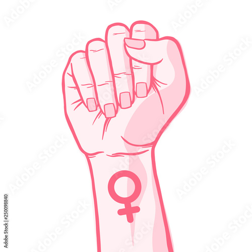 Symbol of feminist movement. Woman hand with her fist raised up. Girl Power. Happy Women's Day concept