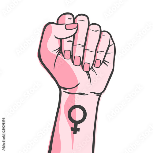 Symbol of feminist movement. Woman hand with her fist raised up. Girl Power. Happy Women's Day concept