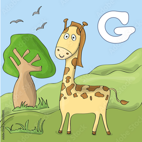 Funny giraffe at the zoo. Cute animal alphabet for ABC book. Vector illustration of cartoon animals. Giraffe for F letter
