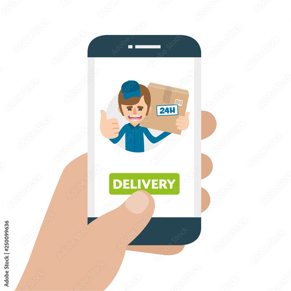 Order tracking app on smartphone screen. Package tracking. Hand holding smartphone, finger touch screen. Vector illustration Order tracking app on smartphone screen. Package tracking. Hand holding smartphone, finger touch screen. Vector illustration