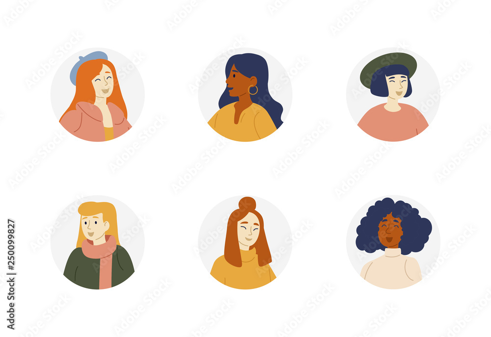 Portraits of girls of different nationalities, races. People avatar collection. Women characters. Portraits of girls of different nationalities, races. People avatar collection. Women characters.