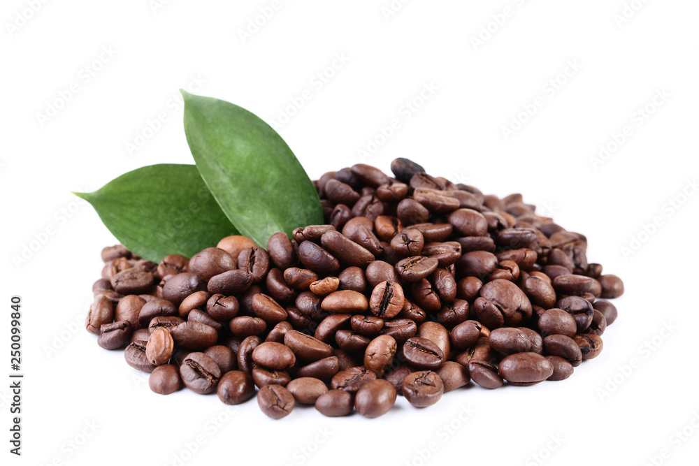 Coffee beans wtih green leafs isolated on white background Coffee beans wtih green leafs isolated on white background