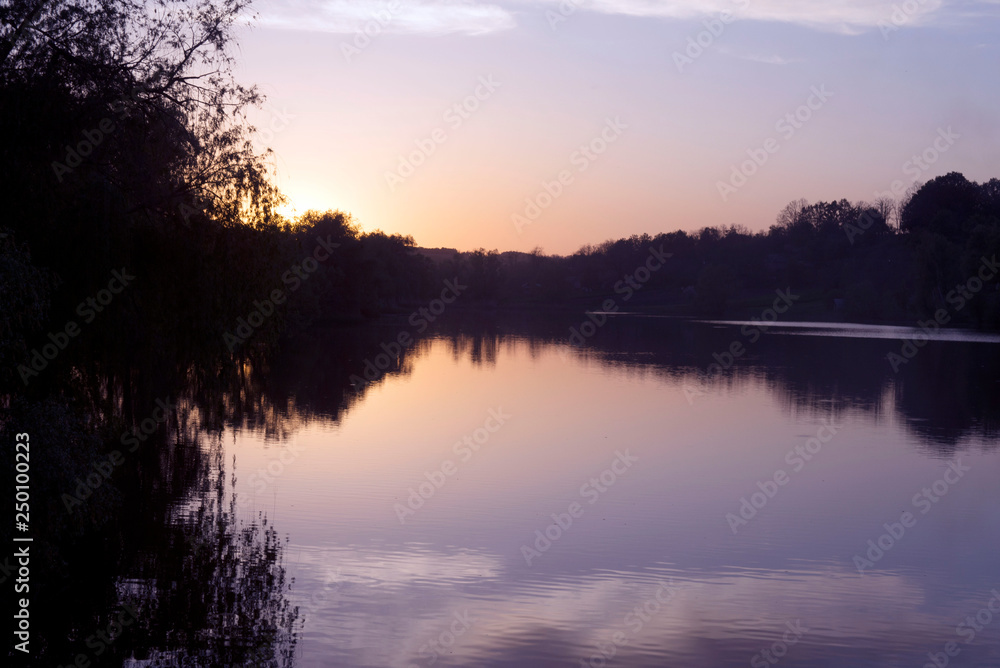 Lake. Reflection in the water of bushes and trees. Pink sunset. Beautiful Ukrainian landscape in the sunlight of sunset.