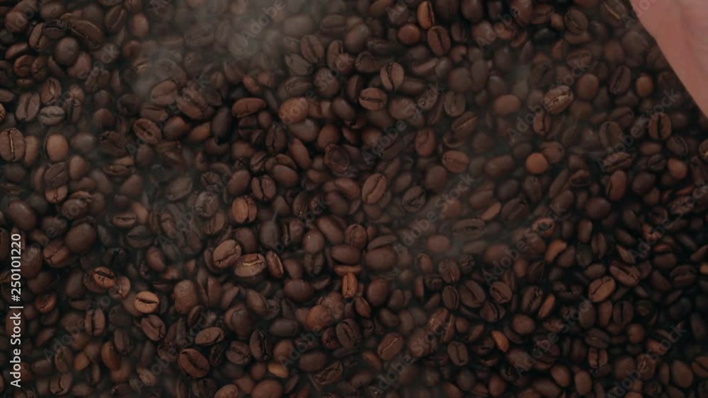 a man's hand takes a large handful of coffee beans and pours them, close-up. a man's hand takes a large handful of coffee beans and pours them, close-up.