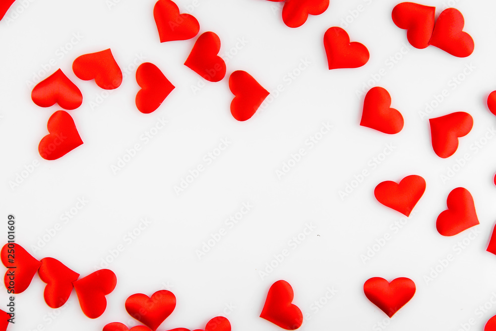 background with red hearts isolated on white background.Heart Love symbol.Space for text.top view background with red hearts isolated on white background.Heart Love symbol.Space for text.top view