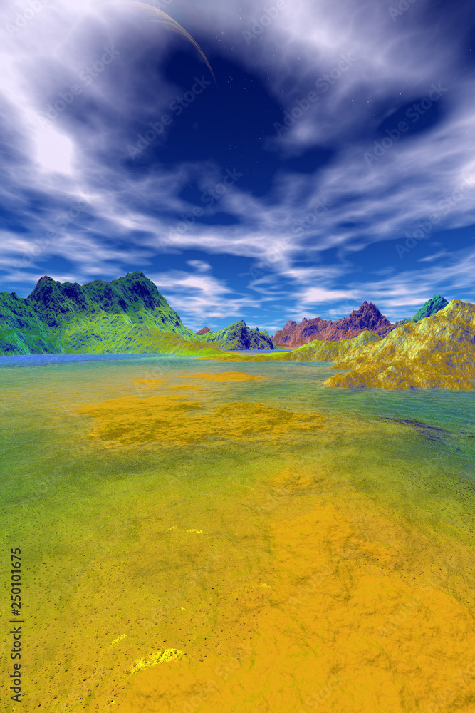 Alien Planet. Mountain and  water. 3D rendering
