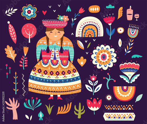 Decorative illustration with a chilean girl in national costume