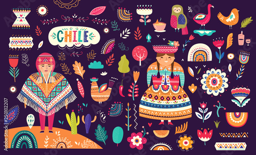 Decorative illustraion with Chileans dressed in national costumes