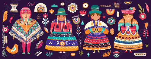 Decorative illustration with Chileans dressed in national costumes
