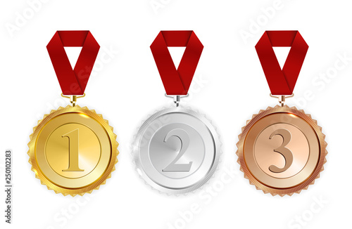 Champion Gold, Silver and Bronze Medal with Red Ribbon Icon Sign First, Secondand Third Place Collection Set Isolated on White Background. Vector Illustration