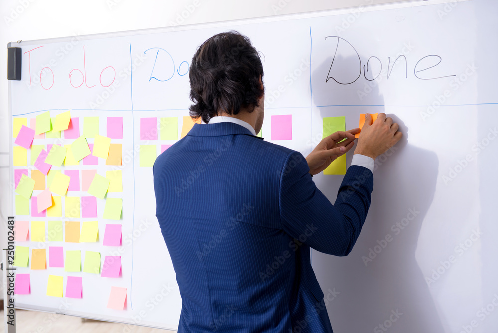 Young handsome employee in front of whiteboard with to-do list Young handsome employee in front of whiteboard with to-do list