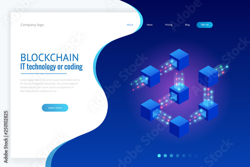 Isometric concept of quantum computers, blockchain, IT technology or coding. Information blocks in cyberspace. Decentralized network. Vector illustration
