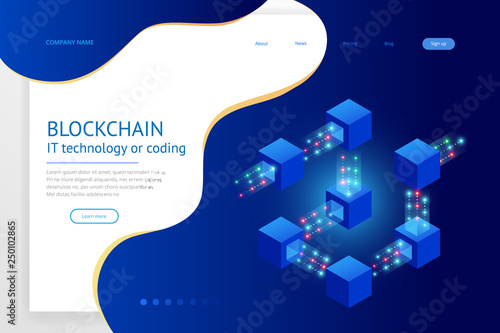 Isometric concept of quantum computers, blockchain, IT technology or coding. Information blocks in cyberspace. Decentralized network. Vector illustration