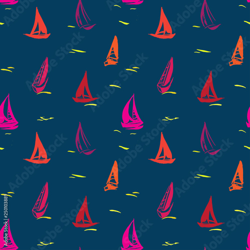 Hand drawn seamless pattern with sailboats.