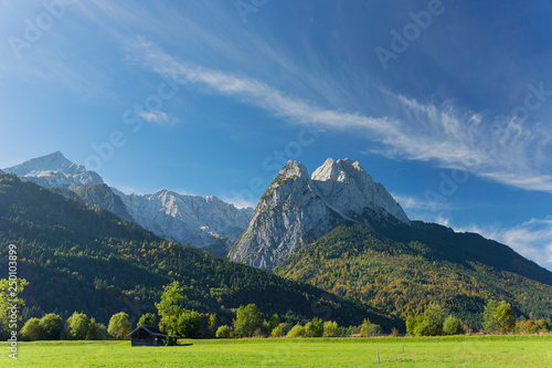 Garmisch-Partenkirchen - View to Alpspitz Mountain with View to Small and Big Waxenstein-Mountain  in colorful  Autumn Mood / Bavaria / Germany