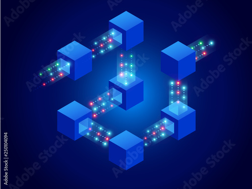Isometric concept of quantum computers, blockchain, IT technology or coding. Information blocks in cyberspace. Decentralized network. Vector illustration