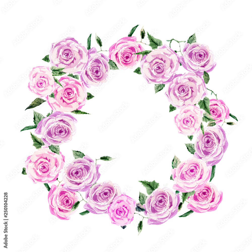 Floral rose wreath frame design template. Pink bunch roses with leaves. Hand painted in watercolor, isolated on white. White empty space for text