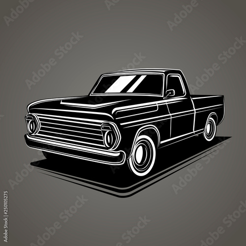 Old retro pickup truck vector illustration. Vintage transport vehicle