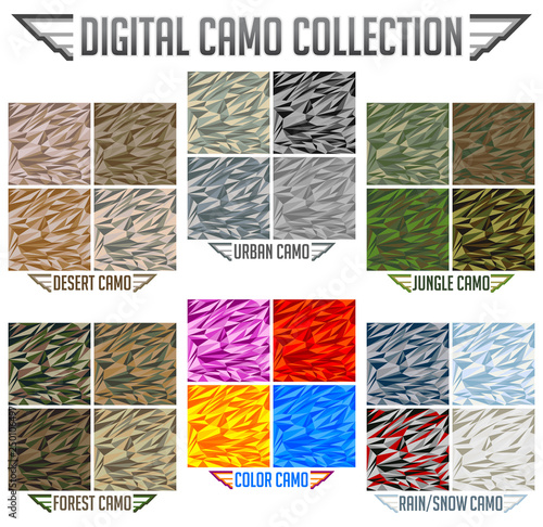 Camo Seamless Vector Digital Camouflage collection, Urban, Desert, Jungle, Snow camo set