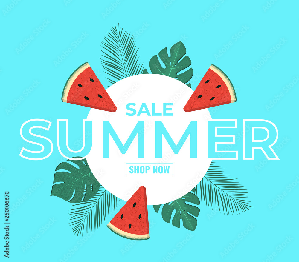 Naklejka premium Sale banner template design, summer special offer, super summer sale. Contour Typography element with palm leaves and slices of watermelon. Vector illustration