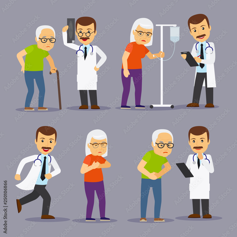 Doctors and elderly people, medicine for old people vector illustration. Cnsultation healthcare senior and elderly characters Doctors and elderly people, medicine for old people vector illustration. Cnsultation healthcare senior and elderly characters