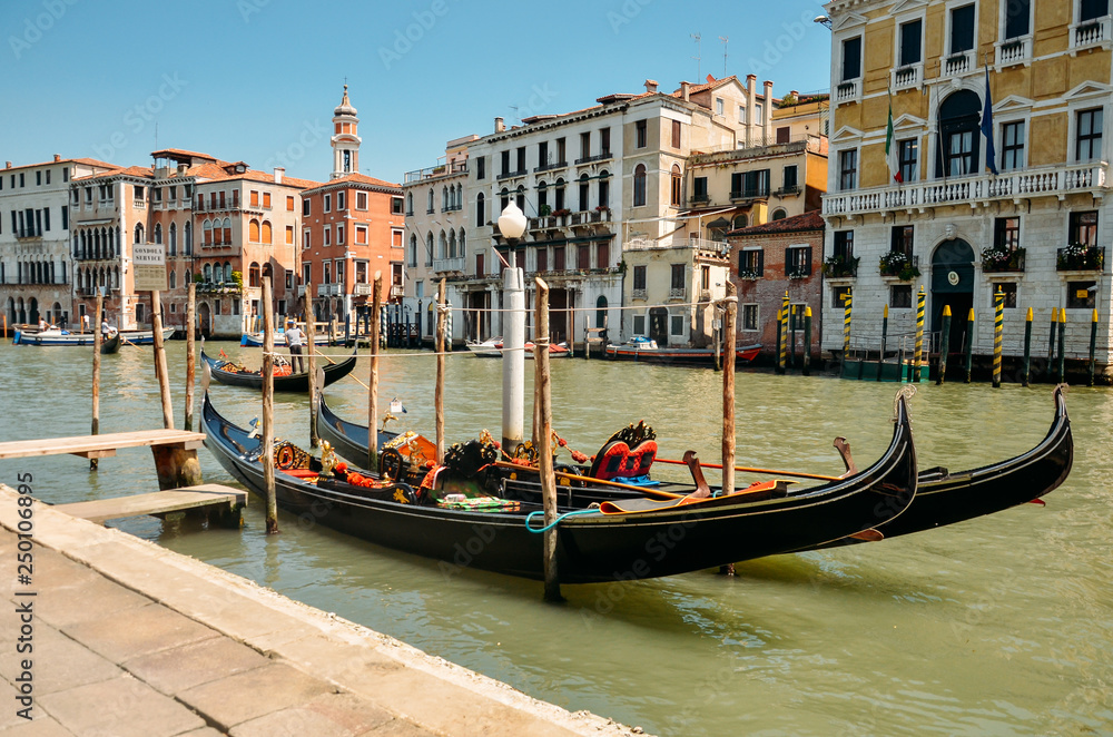 Gondolas on Grand canal. Gondola in Venice. Venice, Italy