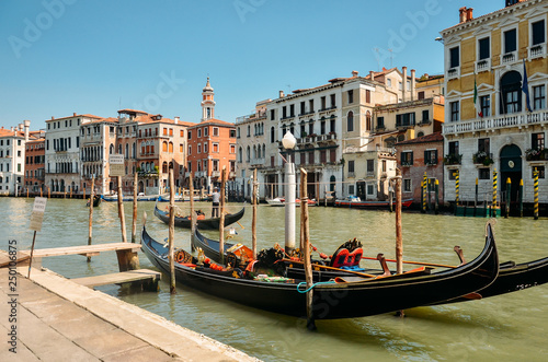 Gondolas in Venice.Beautiful view of traditional Gondola on Canal Grande with San Giorgio Maggiore church in the background, San Marco, Venice, Italy © Marharyta