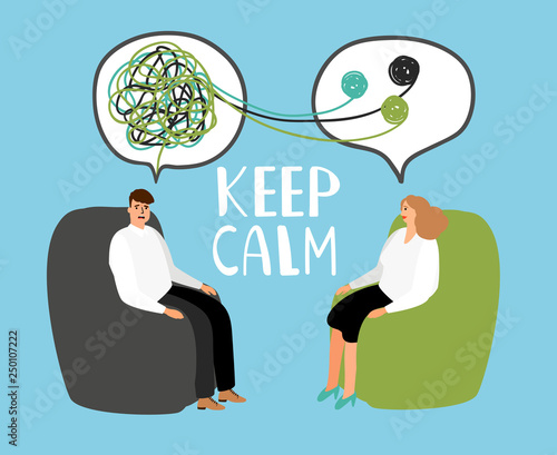 Keep calm, psychiatrist listening and counseling patient, healthcare emotional, therapy with doctor. Vector illustration