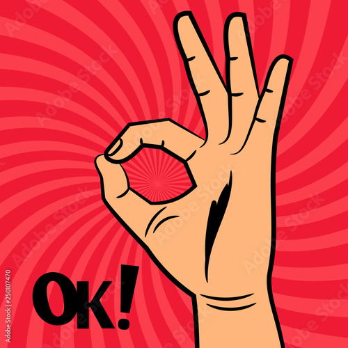 OK sign comic pop art style vector background. Illustration of gesture ok, hand okay and agree