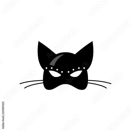 Close up front view of female latex cat mask isolated on white background.