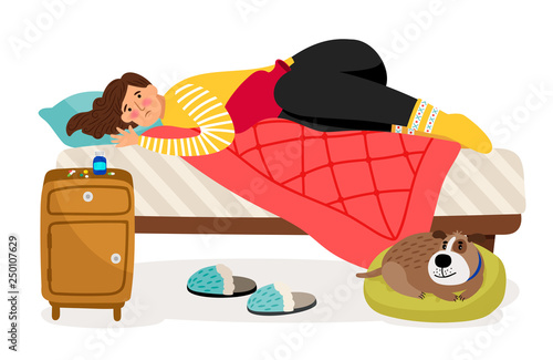 Sick woman in bed. Menstrual pain, woman health vector concept. Illustration of woman ill, person character illness in bed